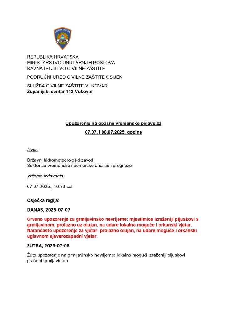 Upozorenje na opasne vremenske pojave za 07.07. i 08.07.2025. godine
