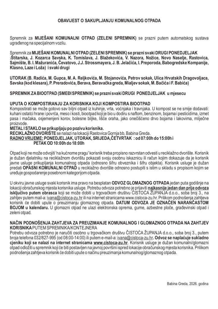 OBAVIJEST O SAKUPLJANJU KOMUNALNOG OTPADA